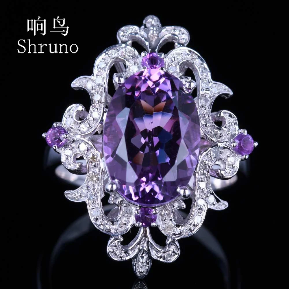 

Shruno Solid 14k au585 White Gold 9.5x13.5mm Oval 4.5ct Genuine Amethyst Diamonds Ring For Women Special Flowers Engagement Ring