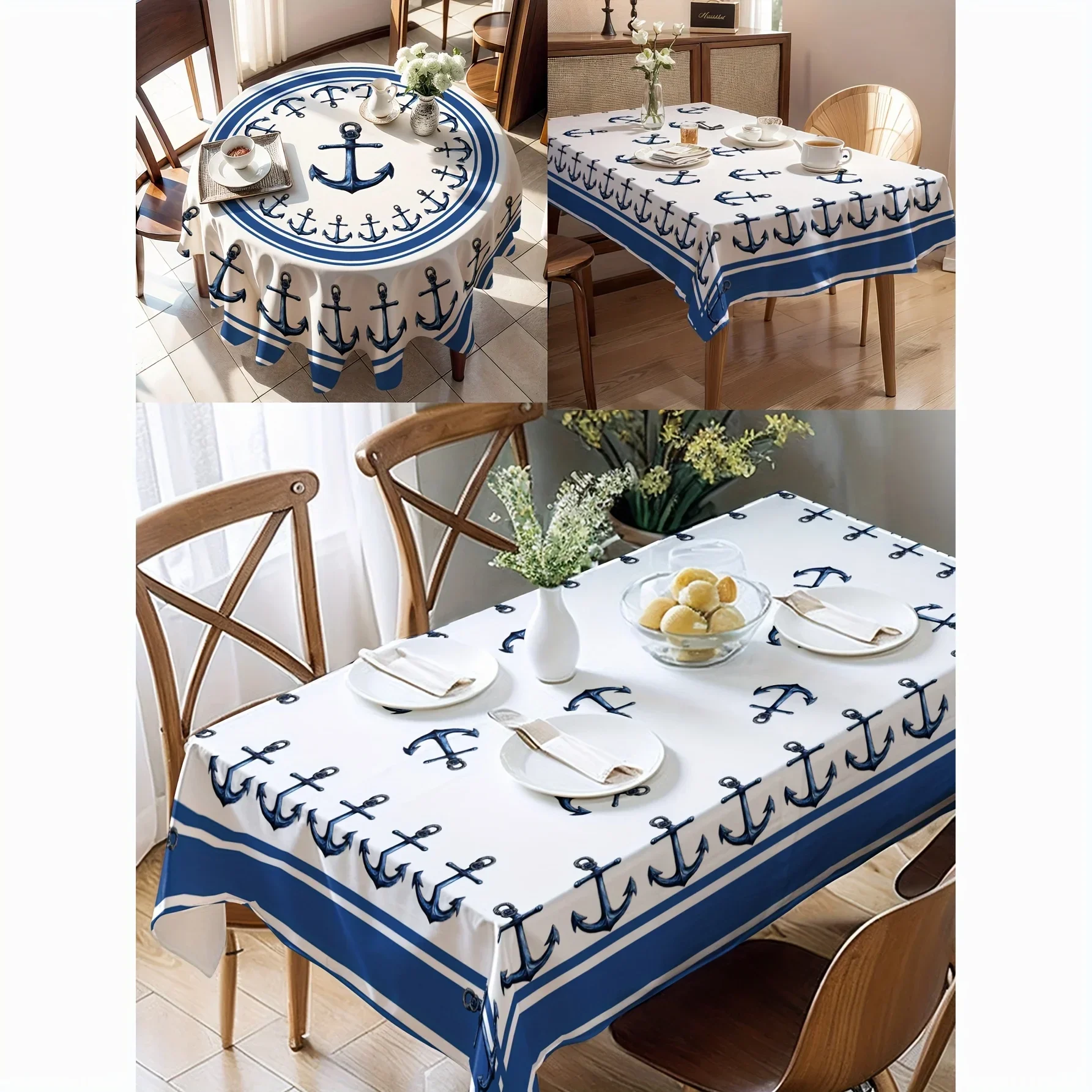 1 piece of marine anchor tablecloth - blue and white polyester, machine-made, yzb