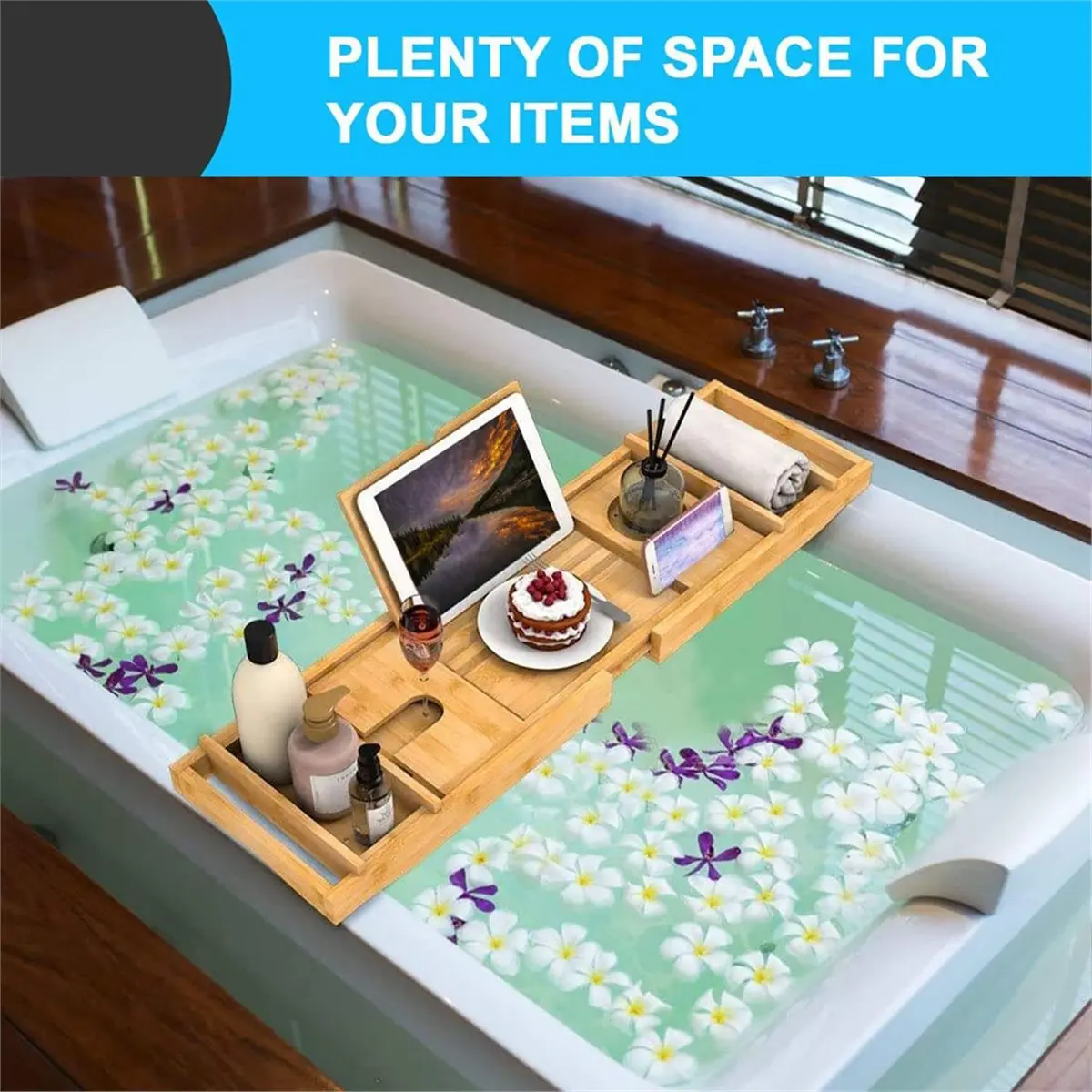 (SPOR) Bandeja de Baño de Bambú - Estante Extensible para Bañera con Ranura para Tablet/Teléfono, Soporte para Velas/Tazas, Organizador de Baño