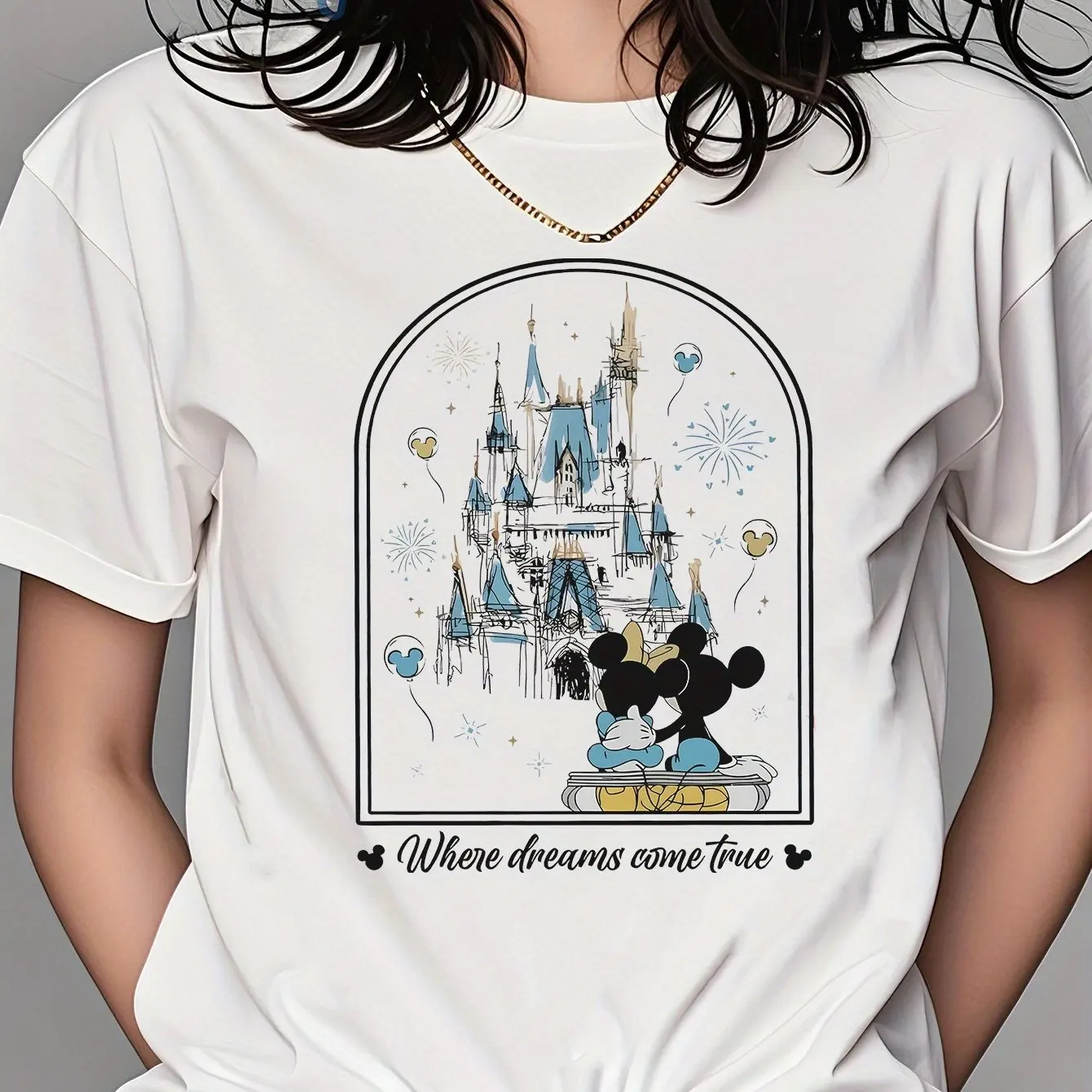 

Disney Mickey & Minnie Castle Fireworks Graphic Women's T-Shirt - 100% Breathable Crew Neck Short Sleeve