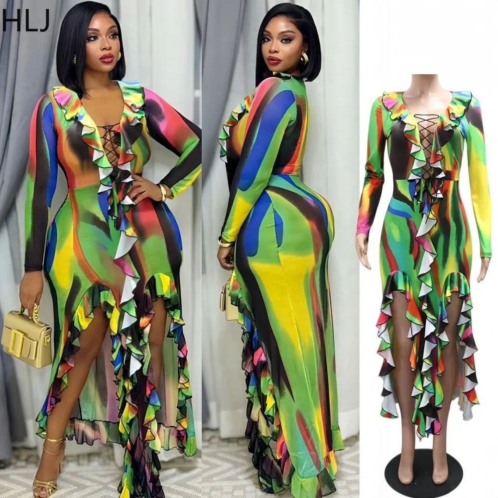 HLJ Women Multicolor Gradient Abstract Print Bodycon Dress V Neck Irregular ruched patchwork Dresses Summer Holiday Vacations