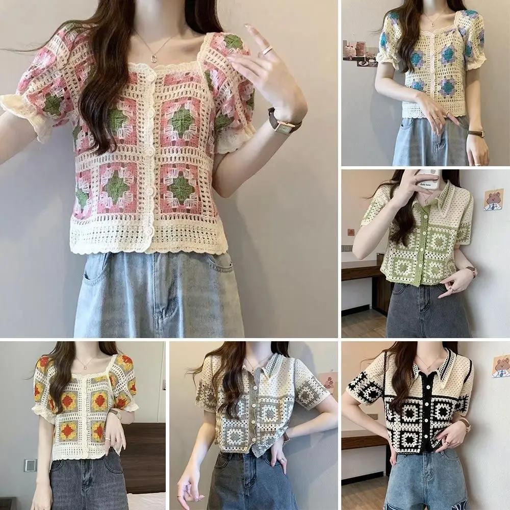 

Summer Floral Crochet Vest Top Vintage Loose Sunscreen Cardigan Breathable Short Sleeve Blouse Tops for Women