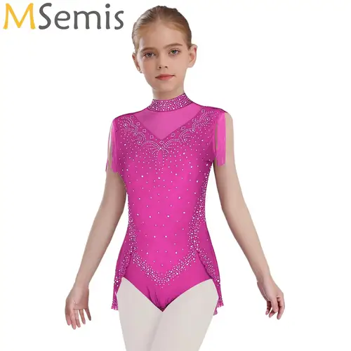 Camiseta de Ballet y gimnasia para niños y niñas, traje de baile lírico de patinaje sobre hielo, cuello simulado, diamantes de imitación brillantes, mono con falda de malla