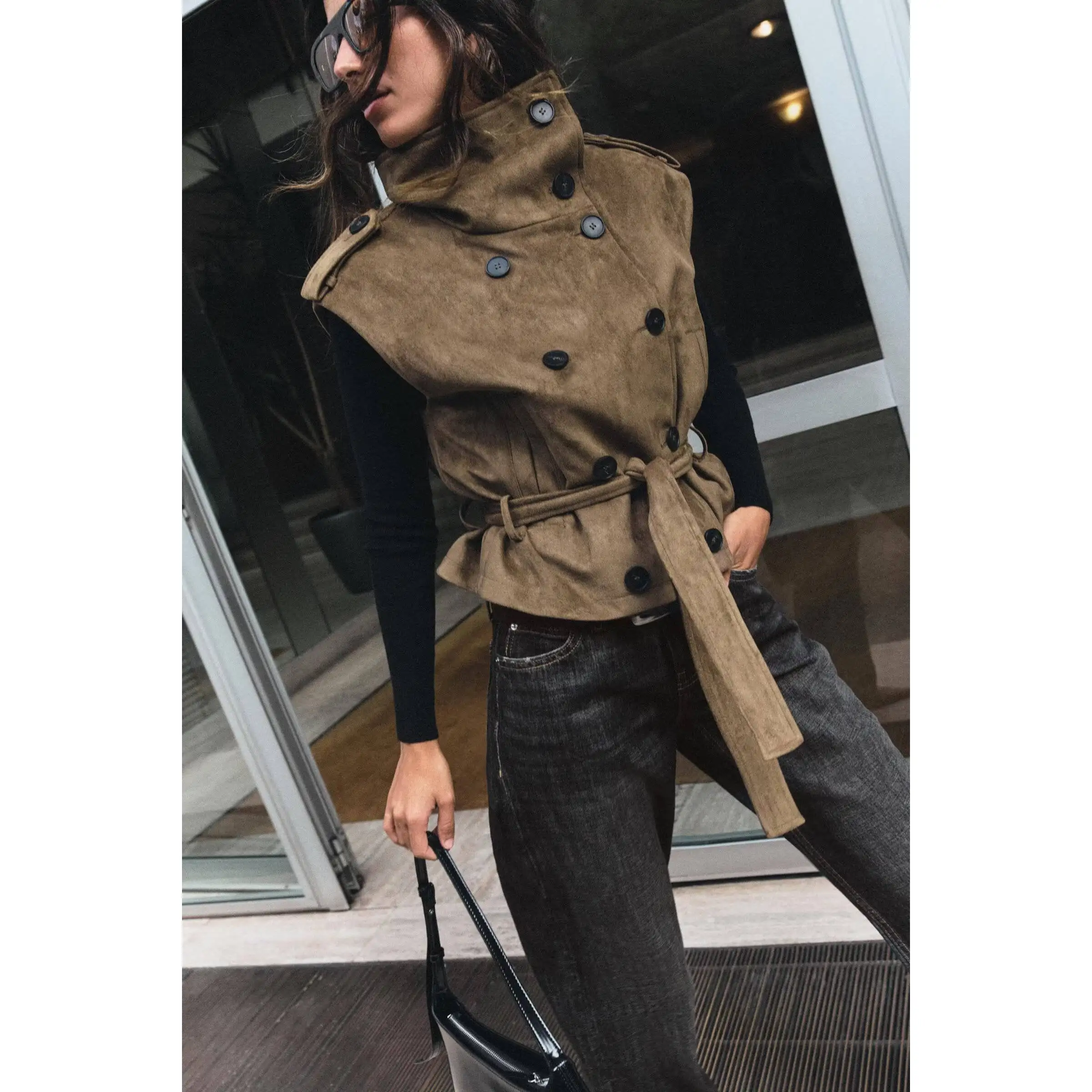 Fashionable Faux Suede Vest with Belt Early Autumn New Arrival Women's Wear Polyester Fiber Slim Fit Double Breasted China Made