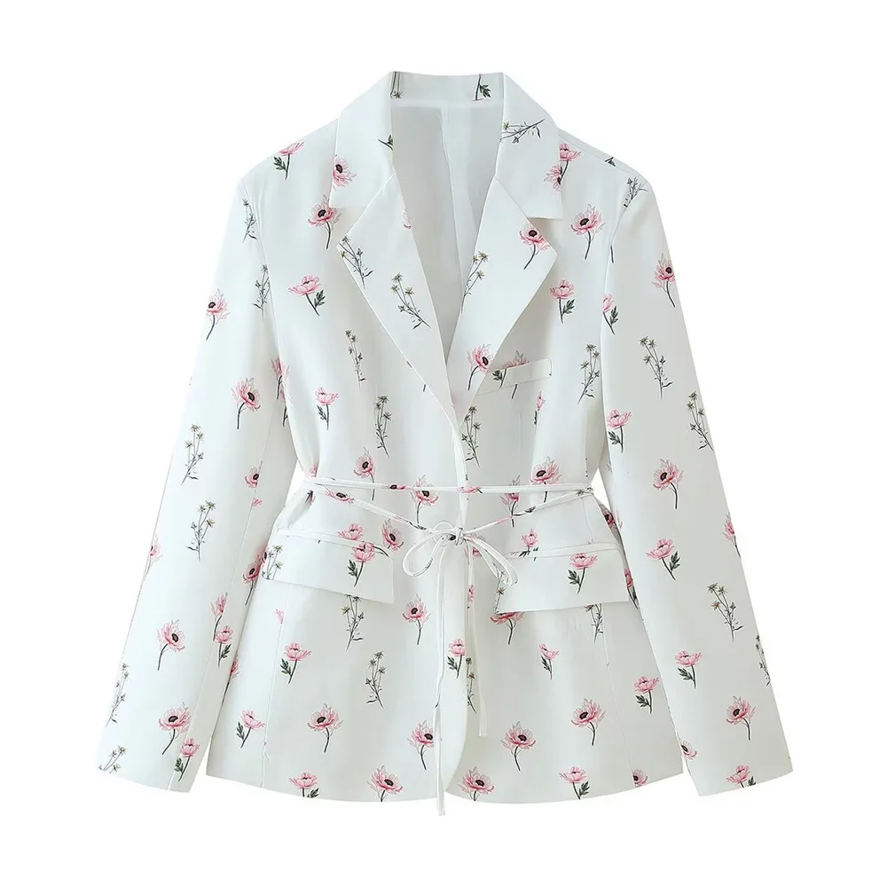 2026 Spring/Autumn New Women's Fashionable Sweet Floral Print Suit Collar Tie-Waist Long-Sleeved Blazer Жакет Женский