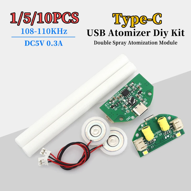 USB Atomizer Diy Kit 108-110KHz Dual Spray Atomization Module of 1/5/10pcs Tyep-C Interface DC5V 0.3A