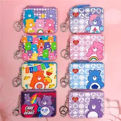 Kawaii Cute Care Bears Card Holder Zero Wallet Cartoon Pu Card Sleeve Chest Badge Cover Key Ring Student Bus Card Bag Girls Gift