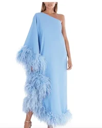 OLOEY Luxury White Dubai Arabic Women Evening Dresses One Shoulder Long Sleeve Light Blue Straight Prom Formal custom