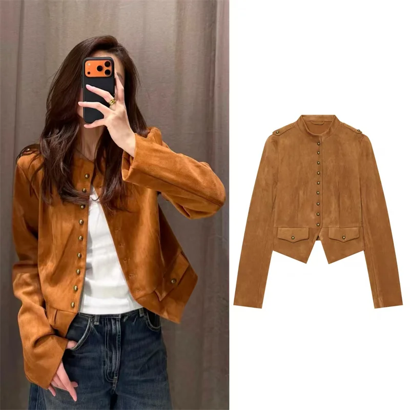 Guobioziy Women's Jacket 2026 Fall/Winter New Camel Long-Sleeve Button-Decorated Slim Jacket Parka Stylish and Trendy