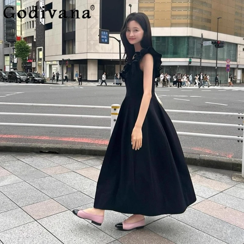 

Japanese Fashion Women's Sweet Ruffled U-Neck Sleeveless Long Dress High Waist Slim Elegant Princess Dress Lady New Black Dress