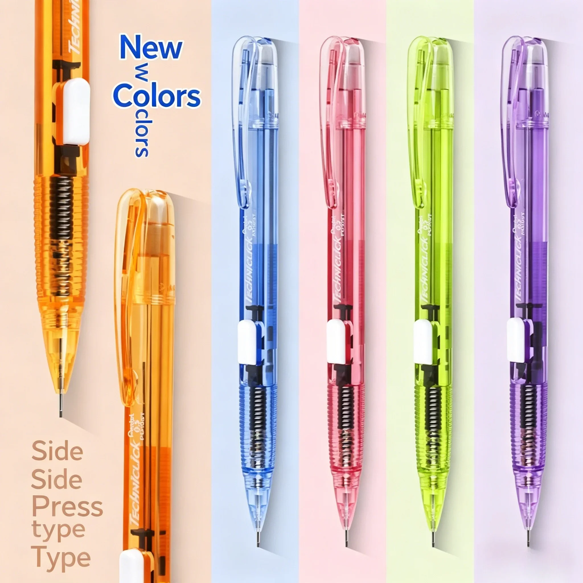 PD105T Clear Barrel Mechanical Pencil 0.5/0.7mm Side Click Automatic Pencil Jelly New Color Random Student School Supplies