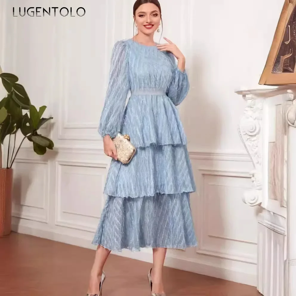 Women French Dress Elegant Lace Retro Long Sleeve Fairy Party Female Temperament Solid O-neck Fashion Cloth Belt not included