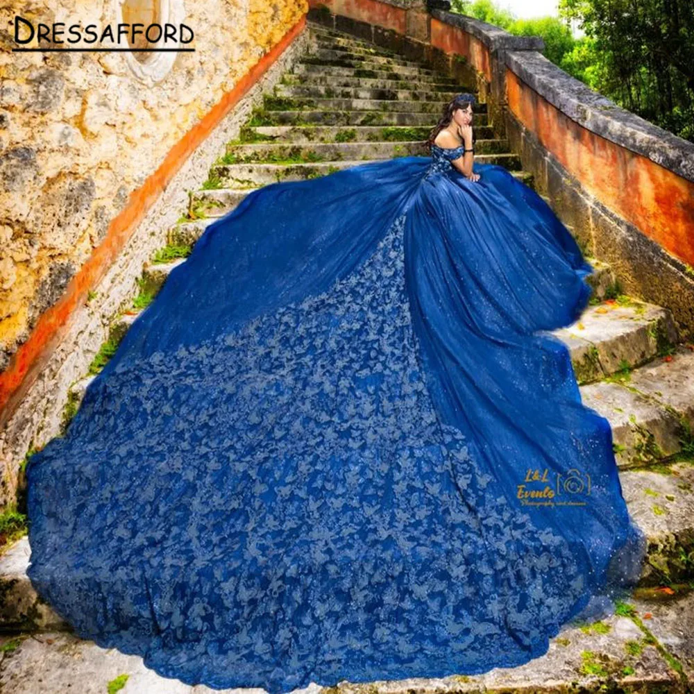 Luxious Royal Blue Appliques Off The Shoulder Quinceanera abiti ragazze Ball Gown Sweet 16 abiti compleanno