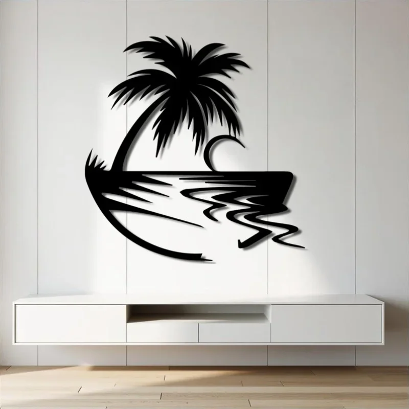 CIFBUY Wrought Iron Wall Art Tropical Palm Tree Ocean Moon Decor Handcrafted Metal Sculpture Home Hanging