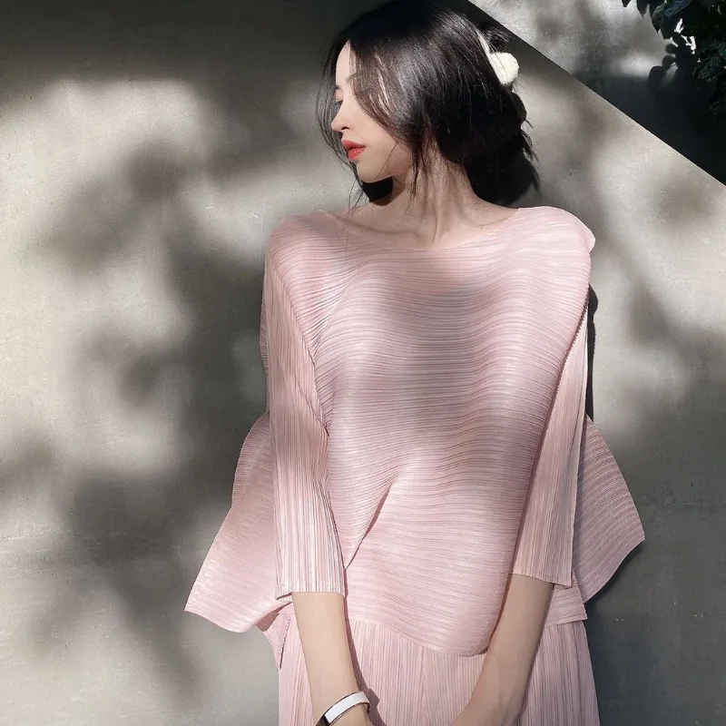 

Miyake плиссированный брючный костюм 2025 новый модный комплект женский весенне-осенний сезон элегантный тонкий топ с длинными рукавами и брюки комплект из 2 предметов