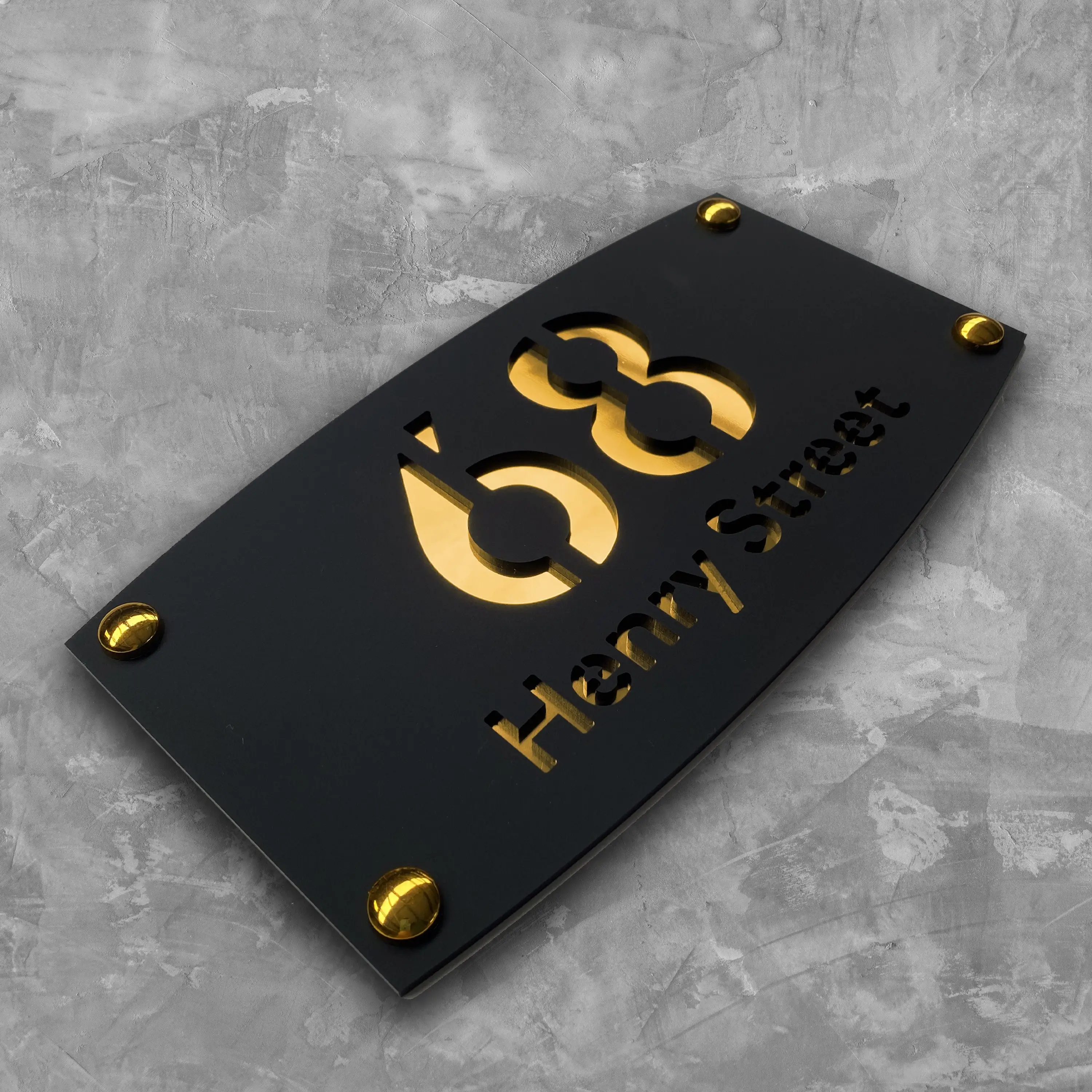 Modern outdoor waterproof acrylic arched signage—stylish, durable, and fade-resistant features gold or silver studs house number