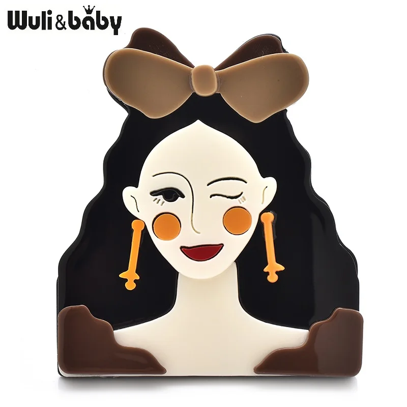 Wuli&baby Acrylic Wear Bowknot Wink Lady Brooches For Women 4-color Charming Girl Figure Party Office Brooch Pins Gifts