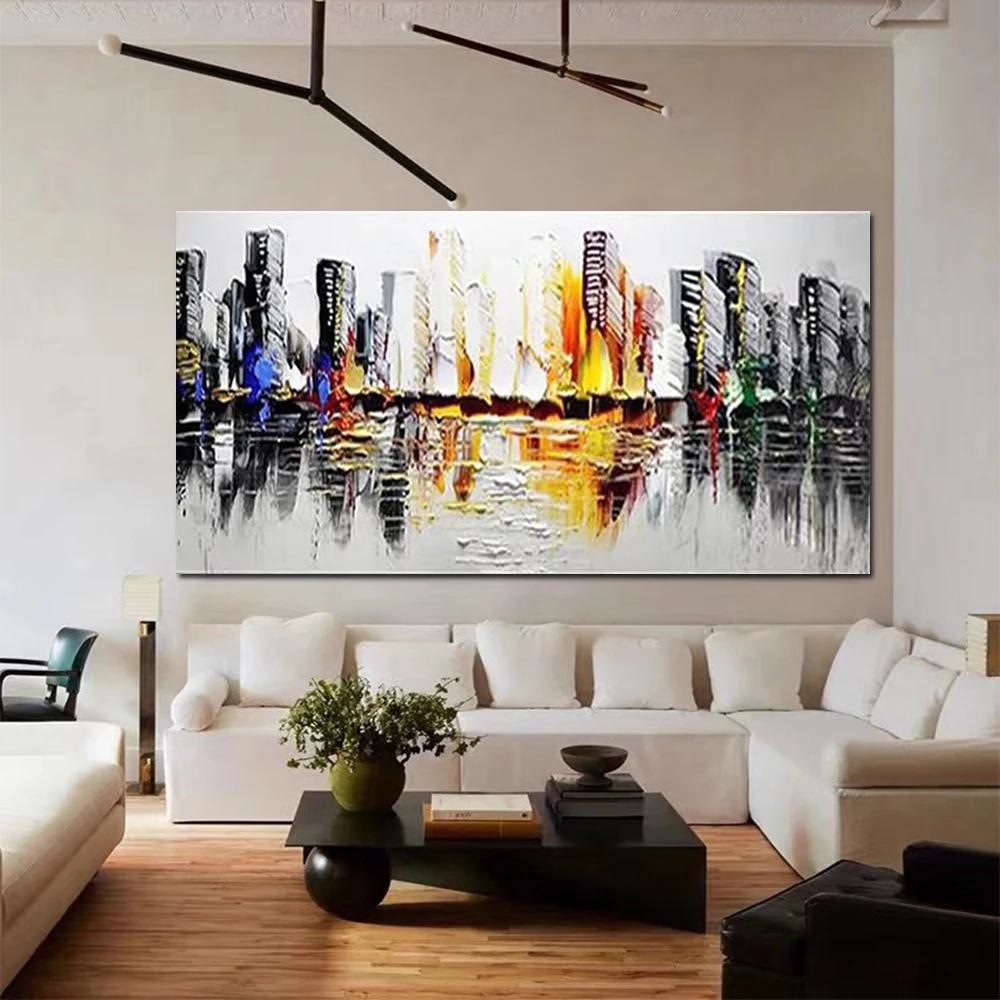 

Hand Painted 3D Abstract City Buildings Oil Painting On Canvas Modern City View Wall Art Picture Large Home Wall Decora Painting