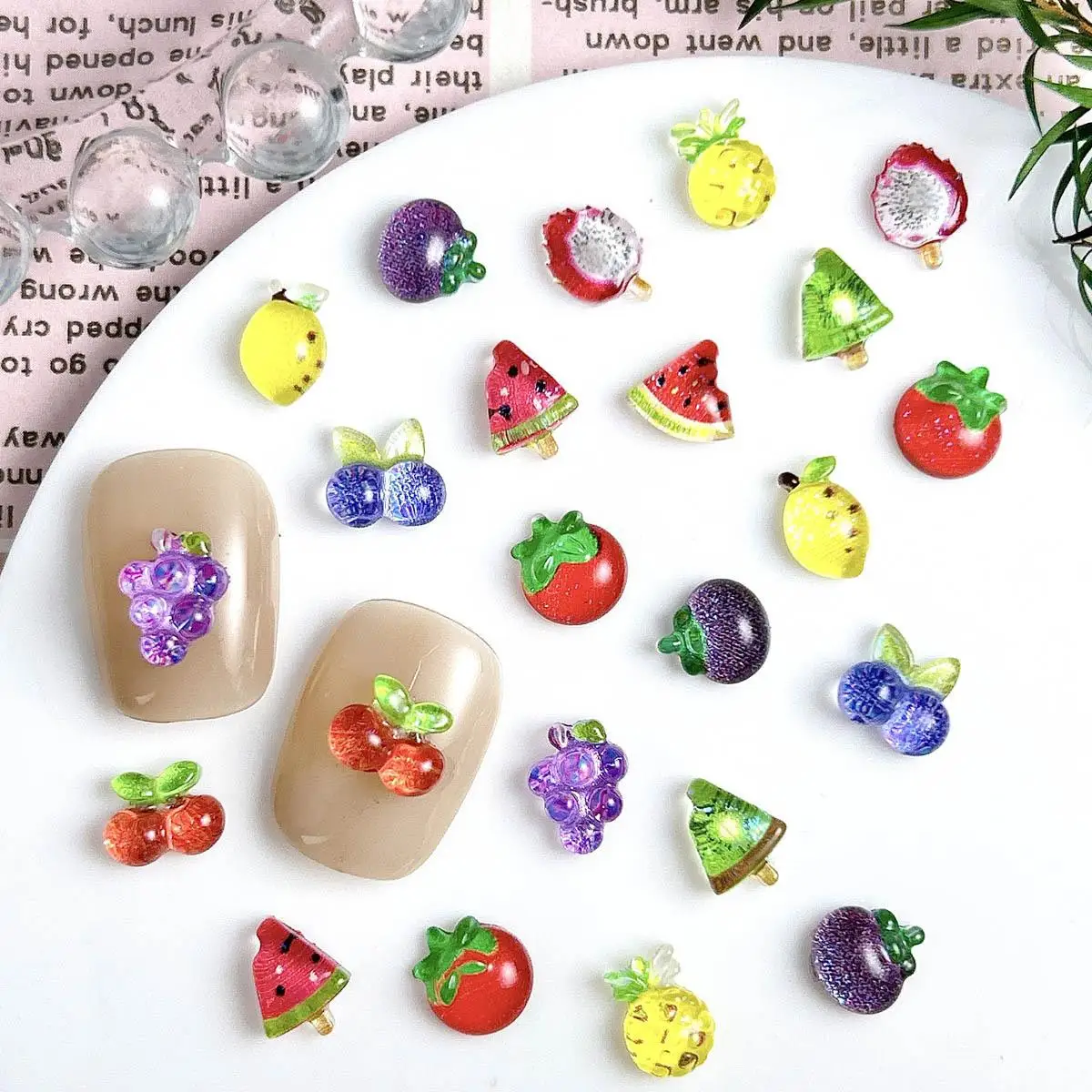 50PCS 3D Simulation Cherry Mangosteen Resin Nail Art Decorations Creative Cute Colorful Lemon Grape Fruit Mixed Nail Charms DIY