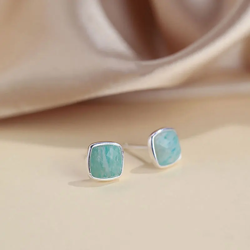 ITSMOS Amazonite Stud Earrings Square Bezel S925 Sterling Silver Earring Blue Green Natural Stone Jewelry for Women Girls