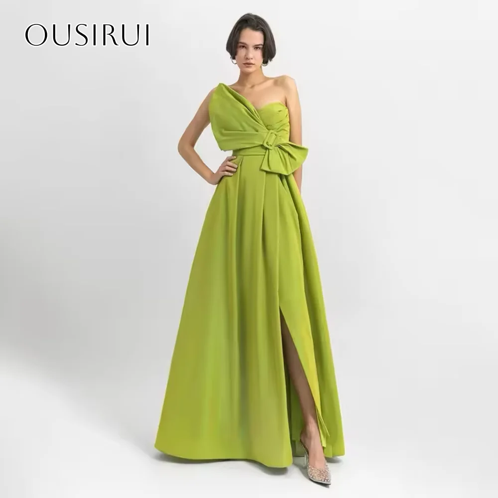

Sweetheart Bow Satin Evening Dress Slit Pleated A-line Floor Length Sleeveless Party Gowns Customized فساتين السهرة