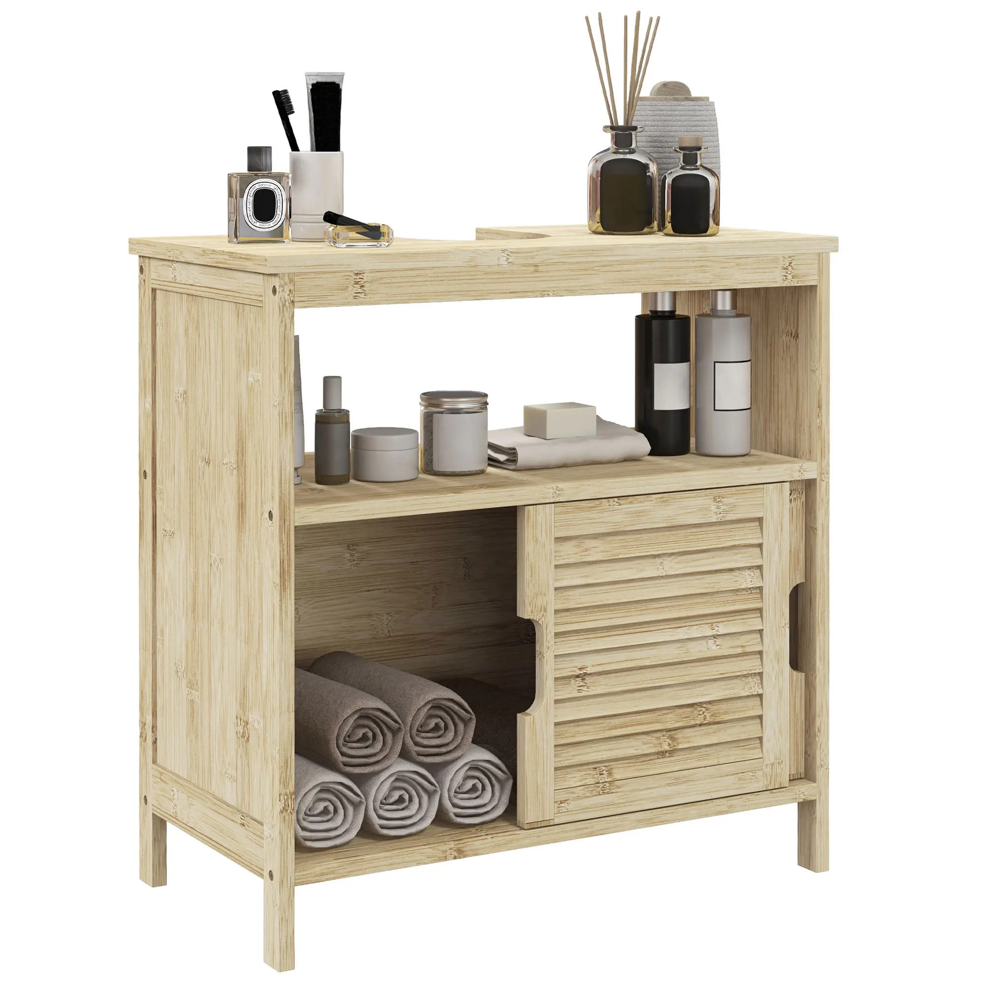 HOMCOM Mueble Bajo Lavabo de Bambú, Armario Debajo de Lavabo con Puertas Correderas de Lamas, Compartimento Abierto, Estilo Moderno, 60x30x60 cm, Natural