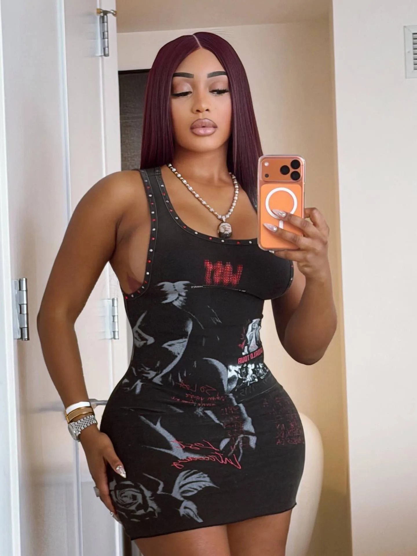 

Stylish Lady Gothic Rivet Graphic Print Dress 2026 Women Summer U Neck Sleeveless Bodycon Mini Night Club Party Dress