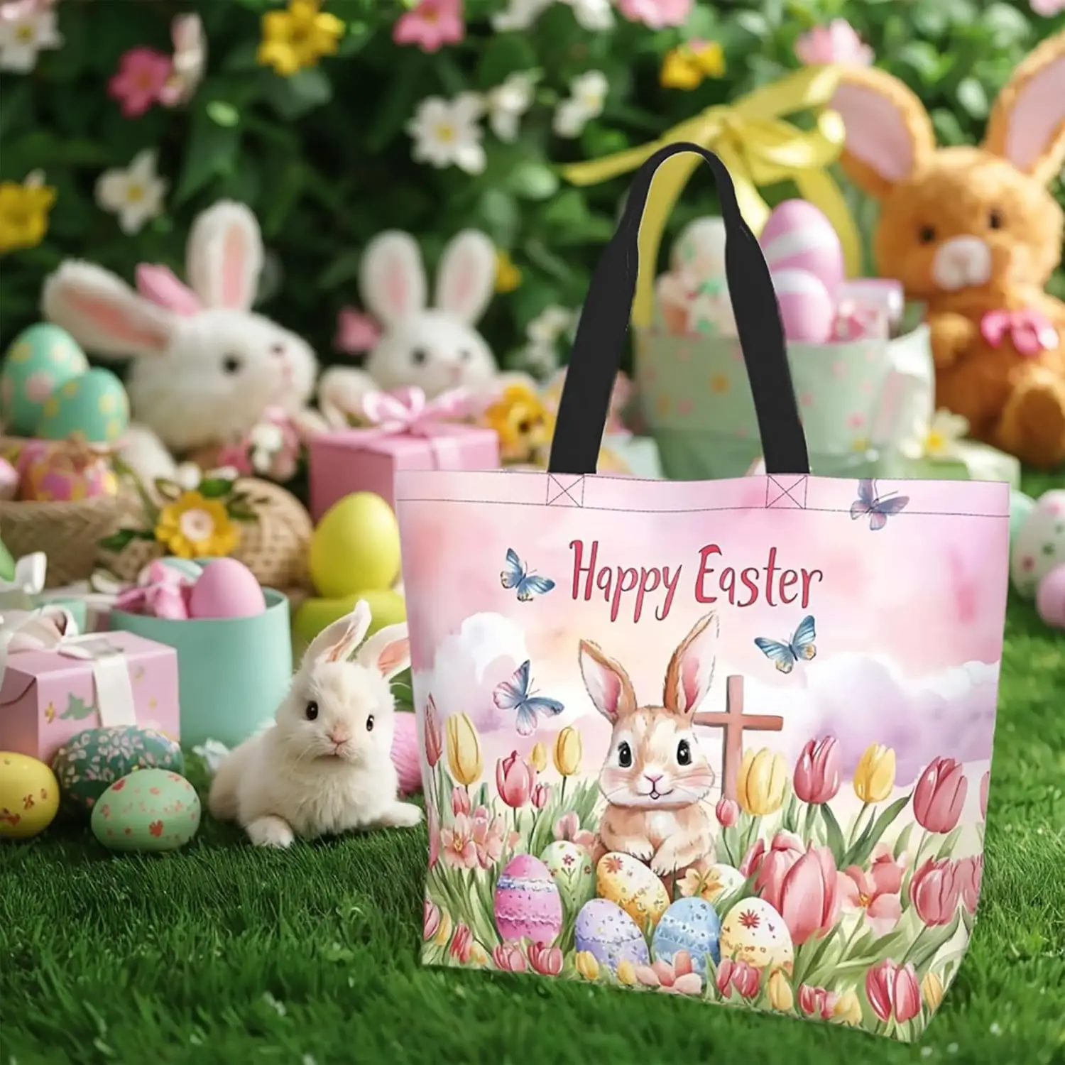 Happy Easter Tote Bag with Handles Large Happy Easter Reusable Bags Gift Bunny Egg Hunt Bags