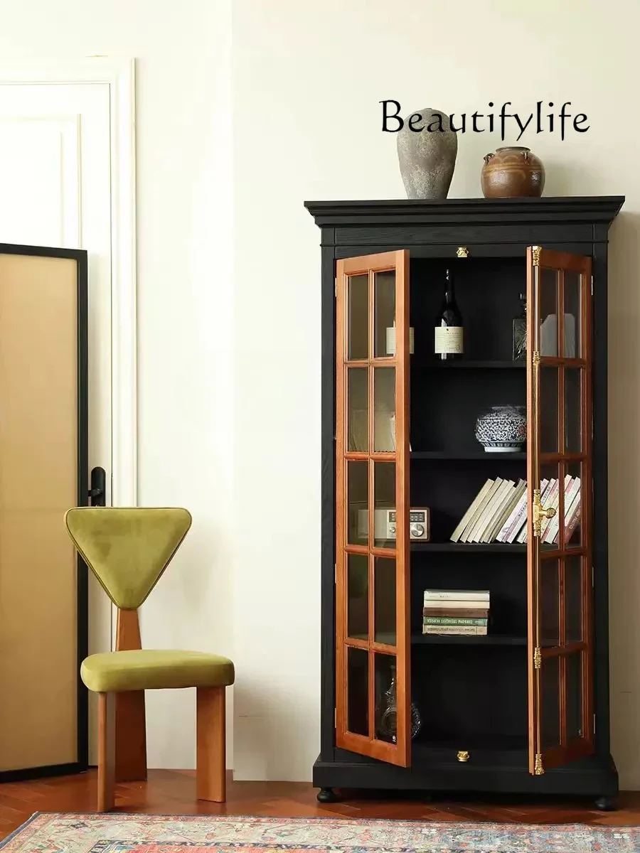 خزانة مشروبات خشبية صلبة فاخرة من LXLight خزانة عرض جانبية فرنسية عتيقة بباب مزدوج زجاجي لتناول الطعام تخزين بسيط SSS #3