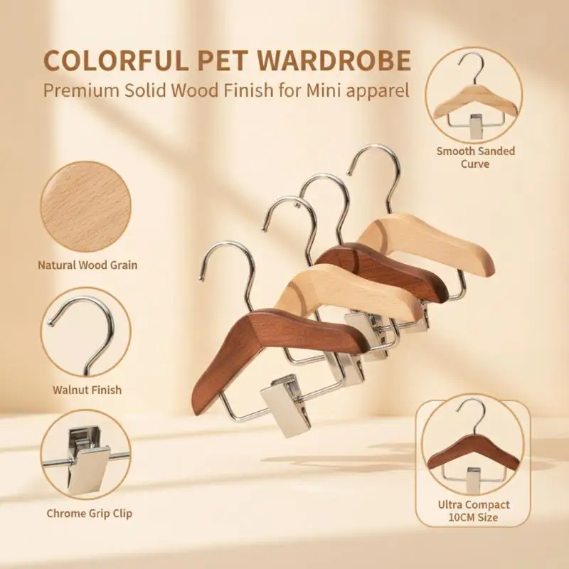 Mini Wooden Pet Clothes Hangers Rust Resistant Stainless Steel Clips Space Saving Organizer for Closet Pet Apparel Storage