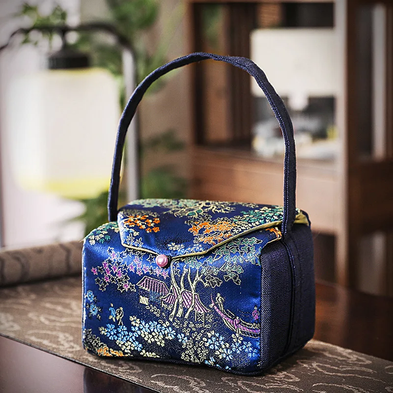 Printed Storage Bag with Cotton Lining, Small Travel Handbag Simple One-pot Two-Cup Set Teacup Bags