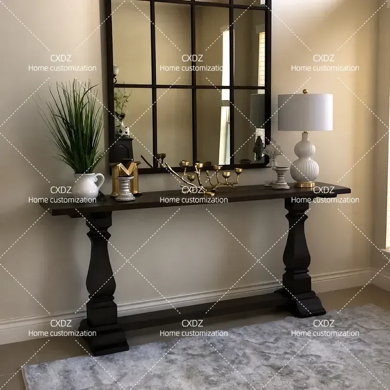 French Retro Solid Wood Entryway Table Narrow Console for Corridor Living Room Wall Decor Black Light Luxury High End Design
