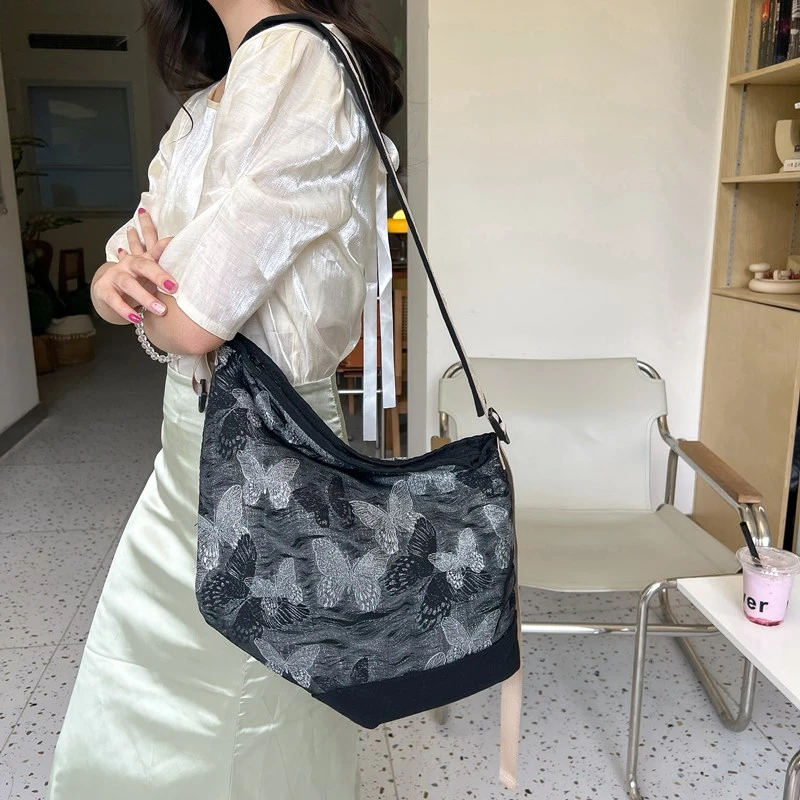 Bolso de lona con correa ancha para mujer, bandolera de diseñador de lujo, bolso de mano informal con estampado de mariposa