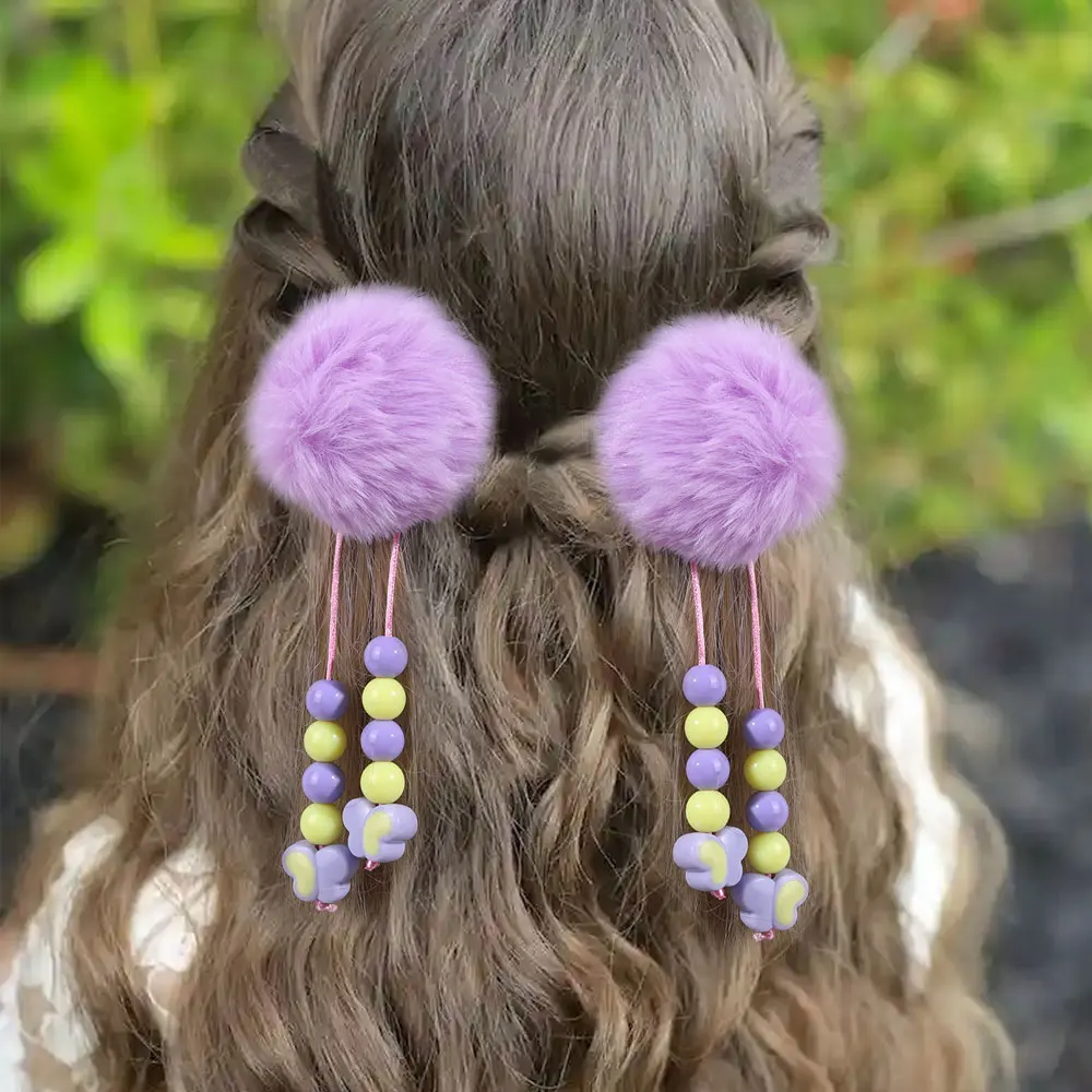 2Pcs Long Tassels Pom Pom Hair Clips Sweet Butterfly Bead Hairpin Girls Headwear Barrettes Children Hair Accessories