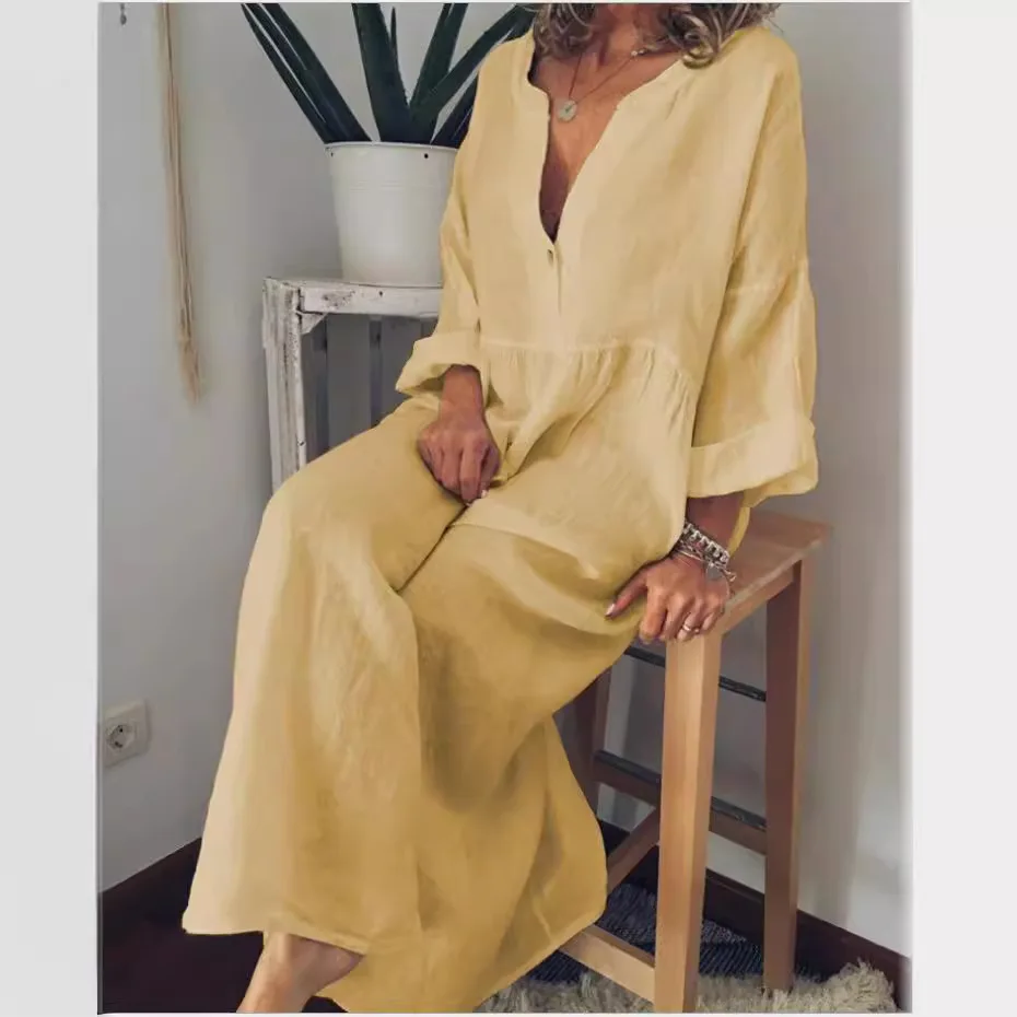2025 Early Autumn Women's Elegant Solid Color Long Sleeve V-neck Fashionable Long Dress Women's Casual Retro Women's Long Dress