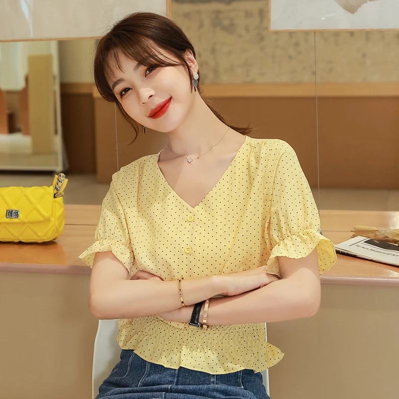 2024 Summer New Women\'s Korean Style V-neck Blouses Top Slim Waist Polka Dots Yellow Chiffon Shirt