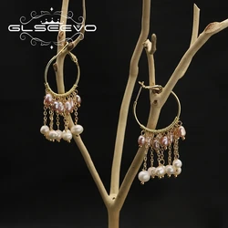 GLSEEVO Natural Freshwater Purple White Pearls Chain Drop Earrings For Woman Exaggeration Big Style Fashion Retro Luxury Jewelry