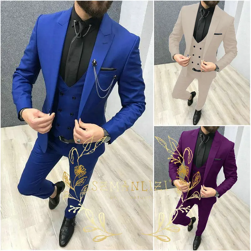 

Royal Blue Men Suit 3 Pieces Fashion Slim Fit Blazer Vest Pants Set Formal Business Wedding Tuxedos for Men Casual Clothing