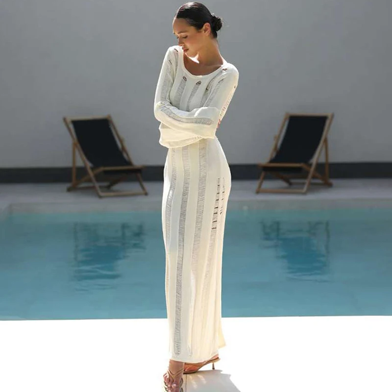 2025 Women's clothing autumn new item spicy girl sexy and hollow out big backless slim fit knitted long sleeved dress for women