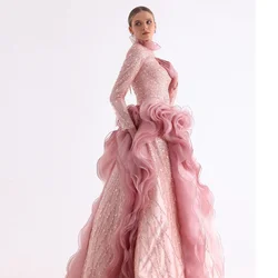 Fashion Pink Muslim Shiny Lace Long Evening Dresses High Collar Full Sleeves Luxury Prom Gowns With Organza Ruffle