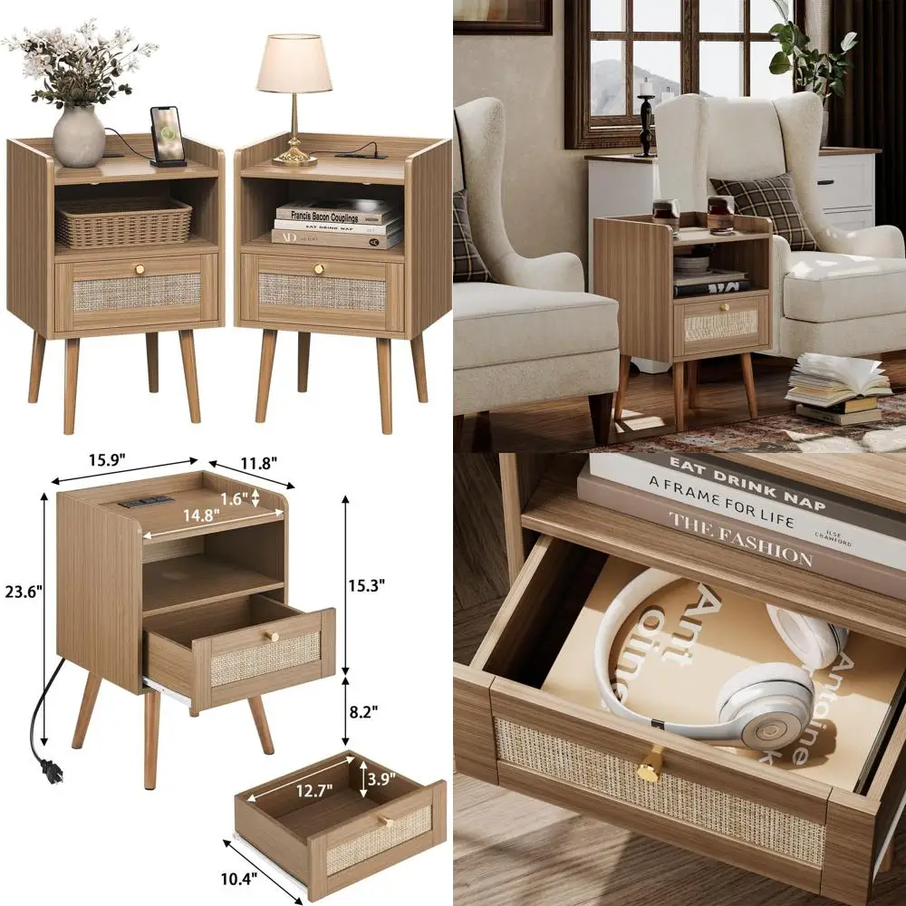 2-Piece Rattan Nightstand Set with Charging Station, Solid Wood Legs, Boho Style Side Tables for Farmhouse, Bedroom, Dorm, Small