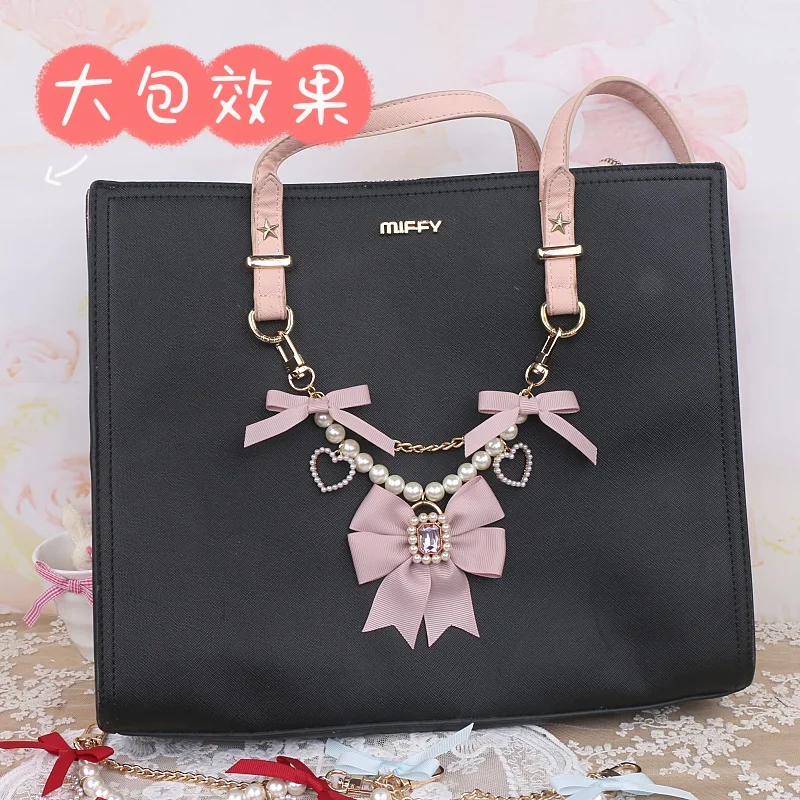 Handmade Japanese Mine Sweet Cute Stringed Pearls Bow Rhinestone Chain Itabag Bag Charms Cute Handbag Pendant Accessories