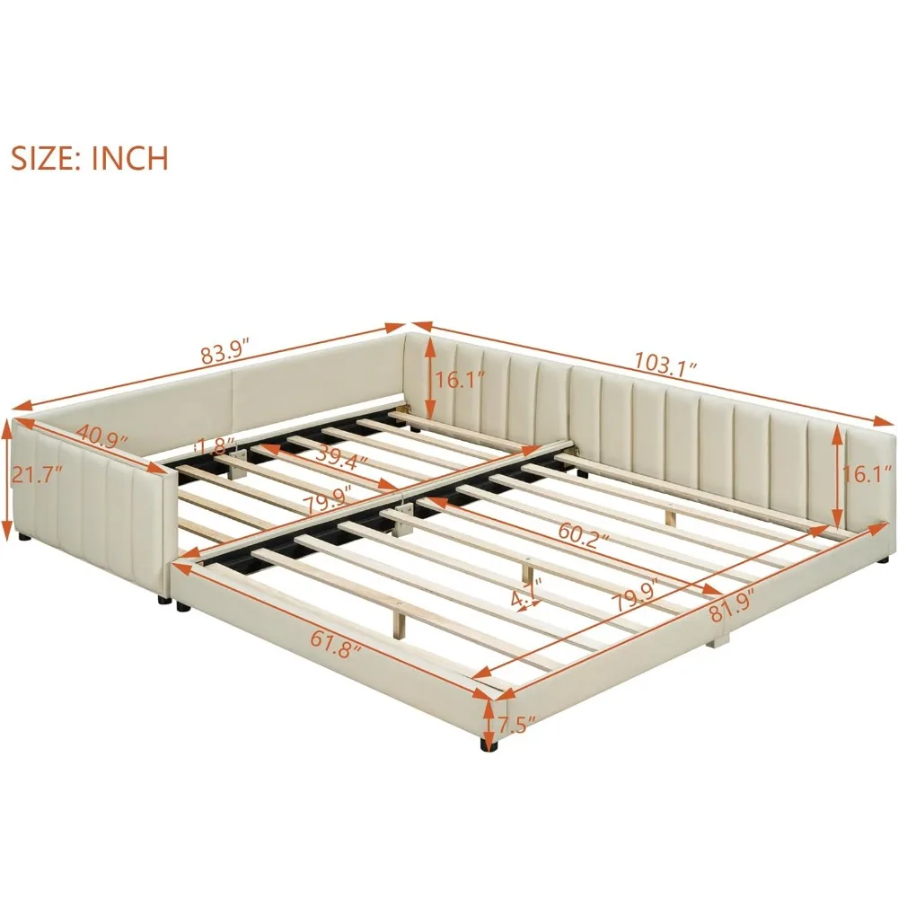 Upholstered Platform Bed, Design PU Leather Mother & Child Grounded with Safety Guardrail and Sturdy Slats Support, Child's Bed