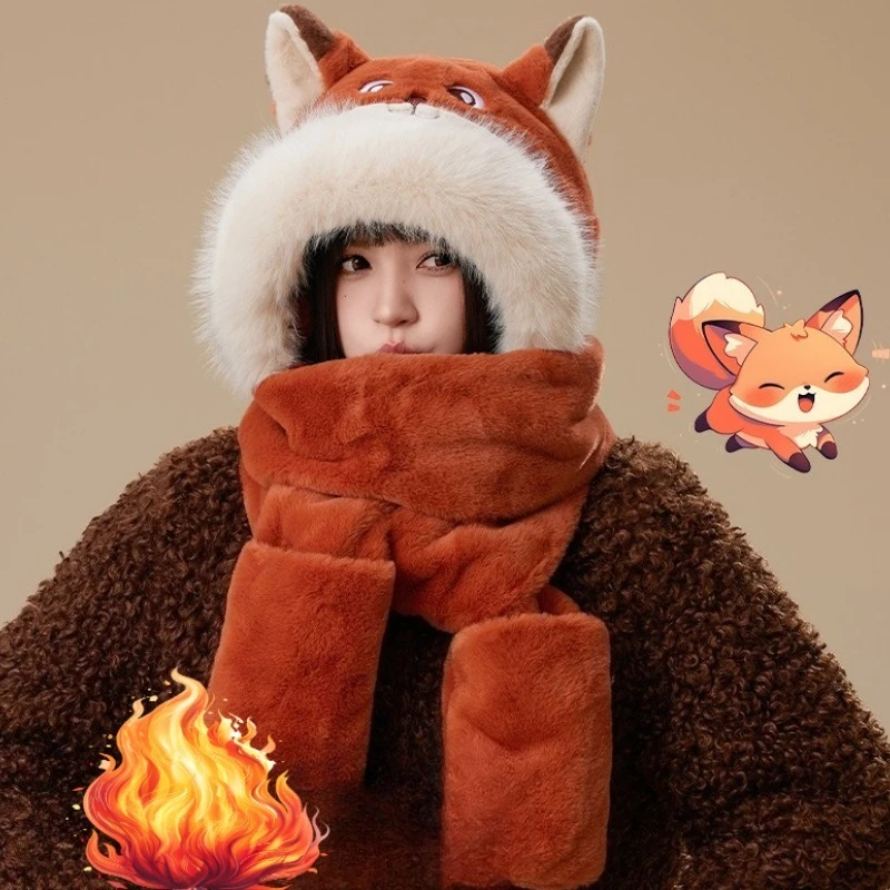 مجموعة قفازات وشاح للأذن على شكل ثعلب كرتوني للأطفال، قناع بقلنسوة متصل من القطيفة 3 في 1 للأنشطة الخارجية للعب الأدوار في الشتاء #1