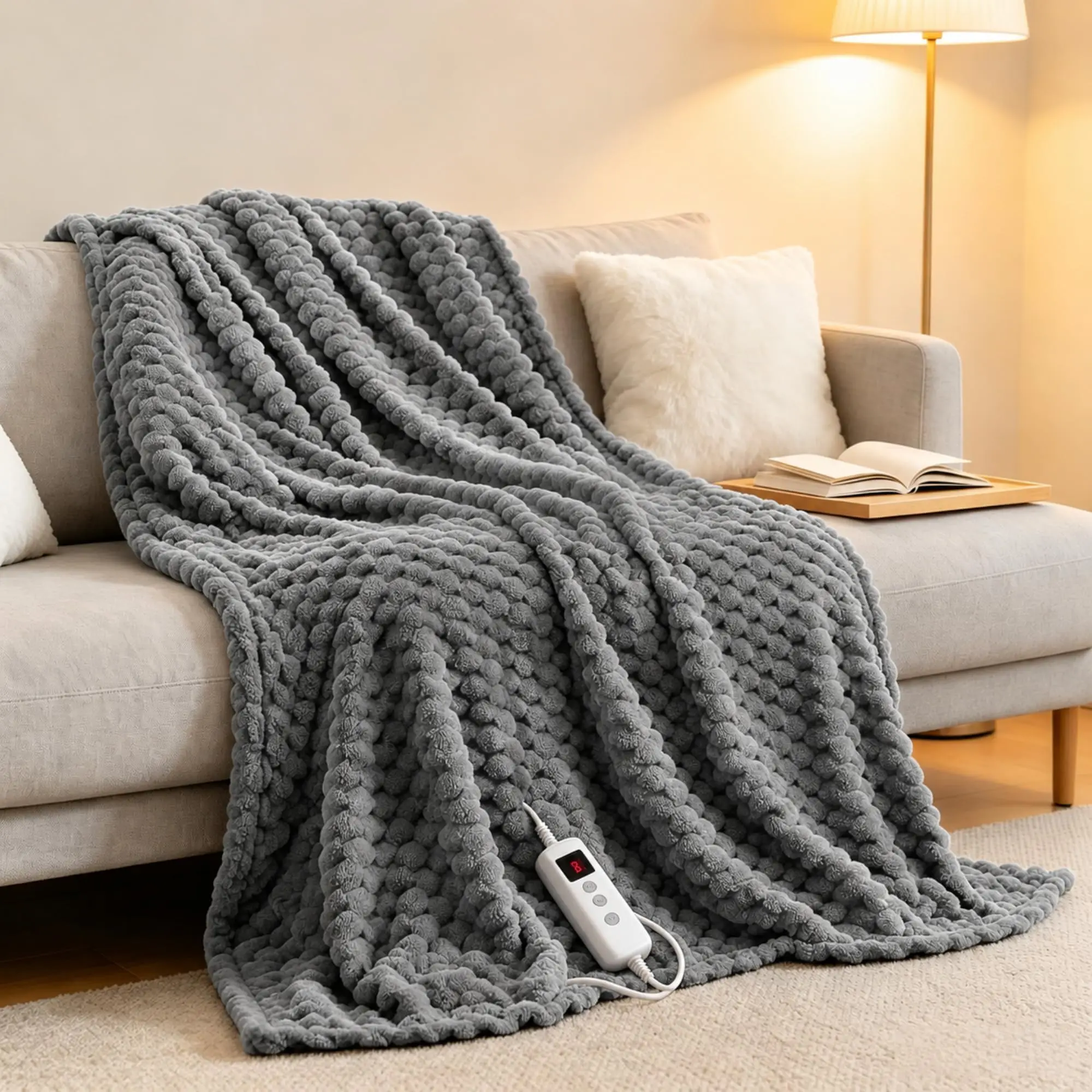 50x60inch Heated Blanket 90x100inch Throw Soft Ribbed Flannel Electric Blanket Fast Heating Auto Shut-Off Gifts Gray/Pink/Ivory