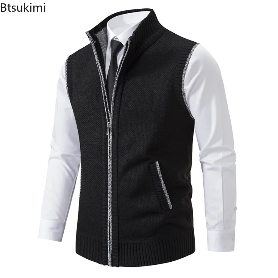 

New Autumn Winter Men's Knitted Vest Stand Collar Sleeveless Zipper Cardigan Jackets Men Fashion Business Casual Knit Waistcoats