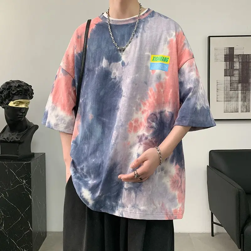 

Fashion O-Neck Loose Printed Letter Tie Dye T-Shirts Men's Clothing 2024 Summer New Oversized Young Style Tops Casual Tee Shirt