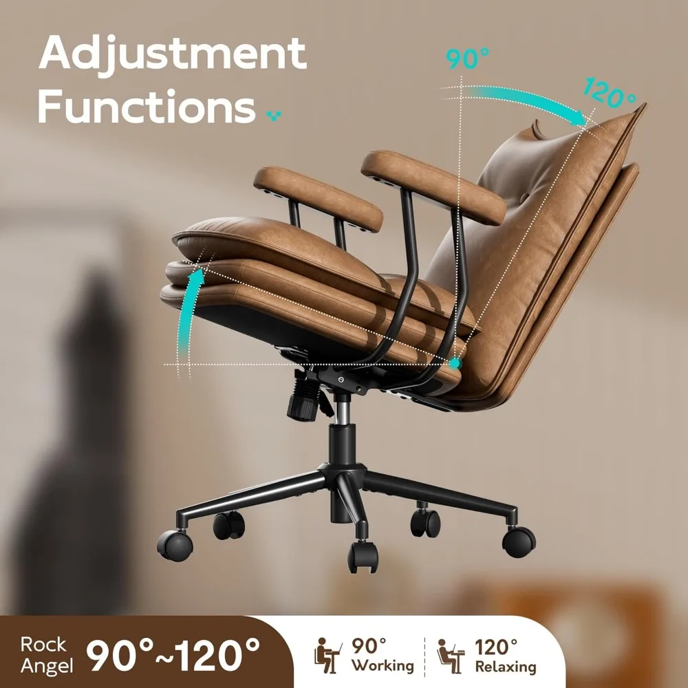 เก้าอี้สำนักงานหนังสีน้ำตาลมีล้อ ที่นั่งกว้างหนาสามชั้น ปรับความสูงได้ เก้าอี้ทำงานสไตล์โมเดิร์นยุคกลาง นั่งสบาย