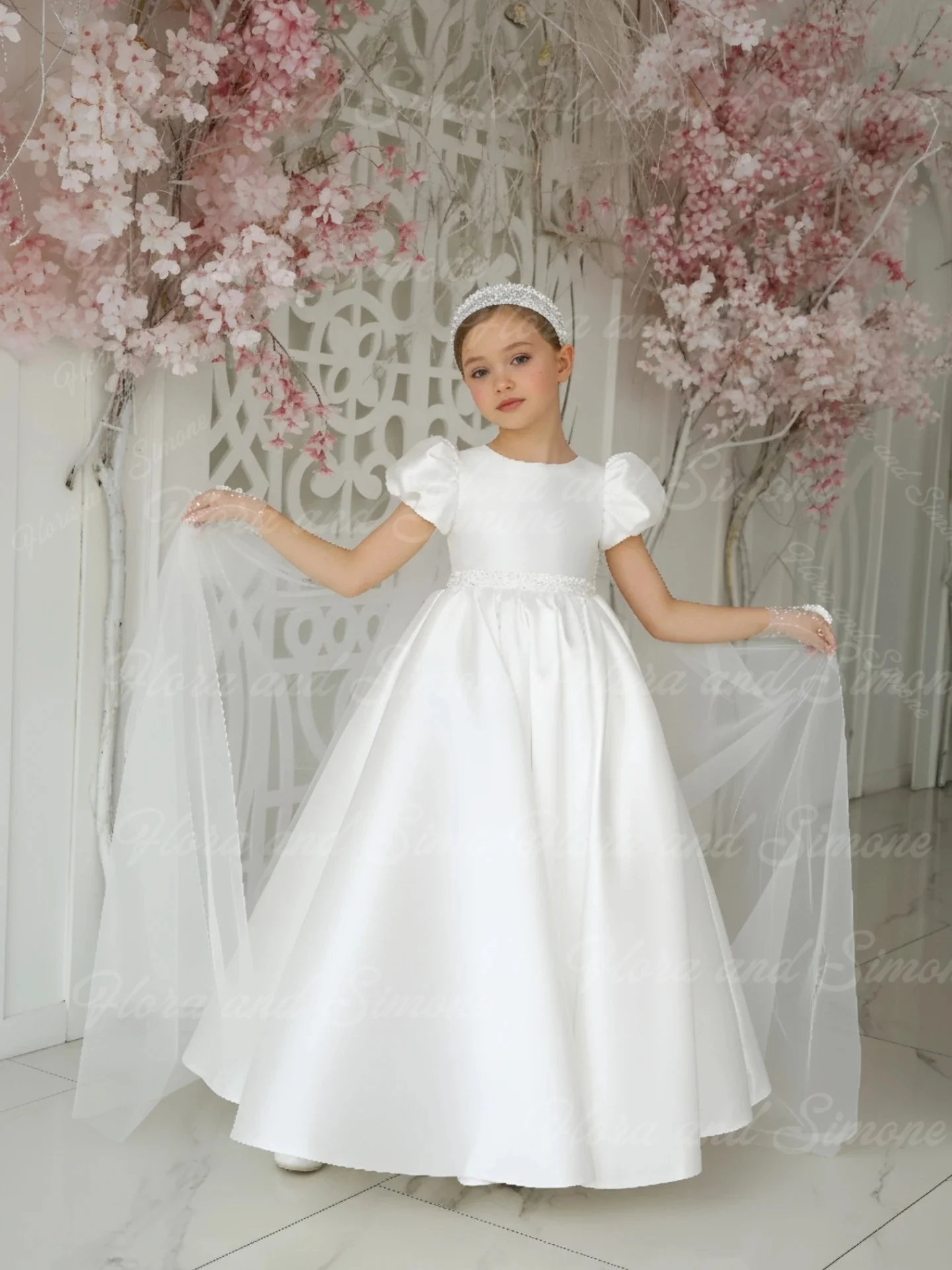 فستان فتاة الزهور مخصص باللون الوردي والأبيض البسيط وأكمام منتفخة مزين بالترتر لحفلات الزفاف وحفلات أعياد الميلاد الأولى #3