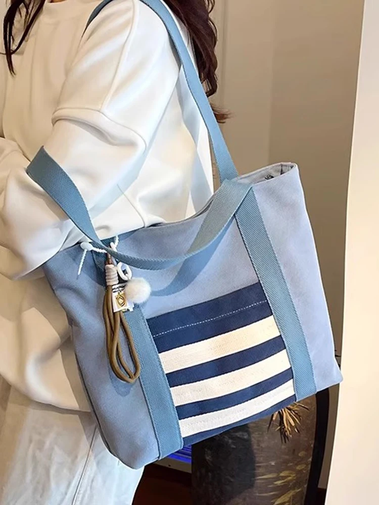 

Blue Striped Canvas Bag Fashionable Versatile Casual Shoulder Bag Textured Women's Tote Bag Autumn Winter New Handbag 2025